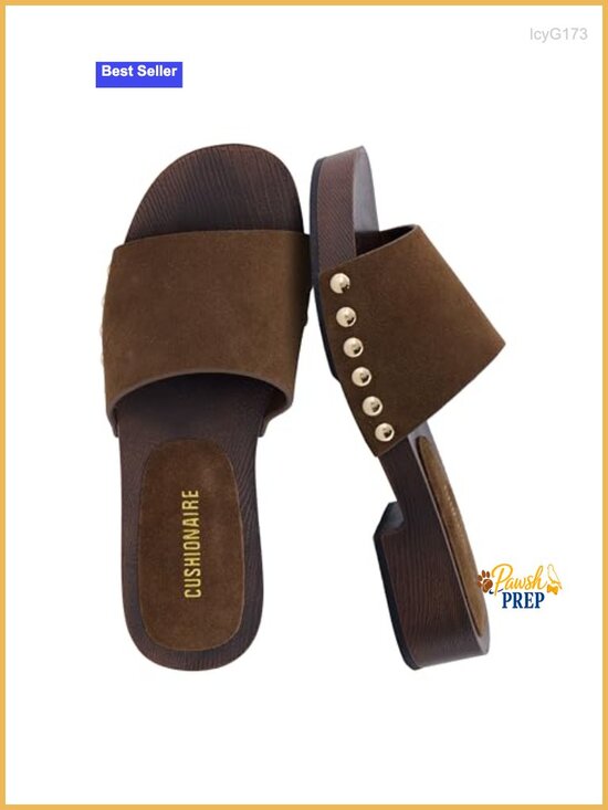 Shoes - Genuine Leather Suede Slide Sandals with Studded Detail, Low Heel